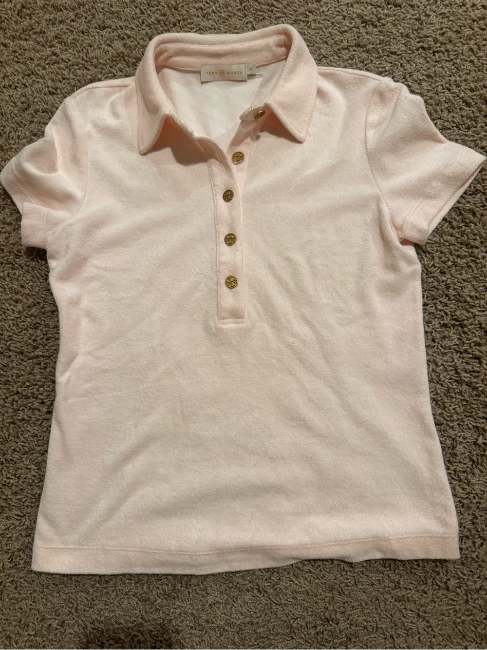 Tory Burch Light Peach Polo Terrycloth Shirt with Gold Logo Buttons